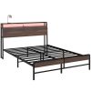 HOMCOM Queen Bed Frame with Headboard, Platform Bed Frame with LED Lights, Charging Station, 3-Tier Storage Shelf, Steel Slats