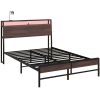 HOMCOM Full Size Bed Frame with Headboard, Platform Bed Frame with LED Lights, Charging Station, 3-Tier Storage Shelf, Steel Slats