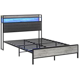 HOMCOM Full Size Bed Frame with Storage Headboard, Upholstered Platform Bed Frame with LED Lights, Charging Station, Steel Slats