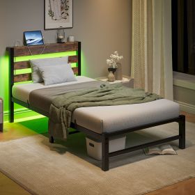 Twin Size Bed Frame Heavy Duty Platform Bed Frame with Headboard, USB Charging Station, LED Bed, No Box Spring Needed, Mattress Foundation