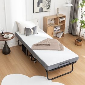 Folding Bed Cot with Mattress for Adults, 75x31 Inches Foldable Metal Frame Bed for Guest with Memory Foam Mattress on Wheels