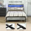 HOMCOM Full Size Bed Frame with Storage Headboard, Upholstered Platform Bed Frame with LED Lights, Charging Station, Steel Slats