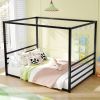 Queen size sunshade floor bed, iron double-size bed frame, modern low-profile double-size bed, equipped with fence-style guardrails, black series