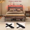 HOMCOM Full Size Bed Frame with Headboard, Platform Bed Frame with LED Lights, Charging Station, 3-Tier Storage Shelf, Steel Slats
