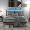 HOMCOM Queen Bed Frame with Headboard, Platform Bed Frame with LED Lights, Charging Station, 3-Tier Storage Shelf, Steel Slats