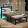 Twin Size Bed Frame Heavy Duty Platform Bed Frame with Headboard, USB Charging Station, LED Bed, No Box Spring Needed, Mattress Foundation