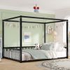 Full size sunshade floor bed, iron double-size bed frame, modern low-profile double-size bed, equipped with fence-style guardrails, black series