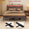 HOMCOM Queen Bed Frame with Headboard, Platform Bed Frame with LED Lights, Charging Station, 3-Tier Storage Shelf, Steel Slats