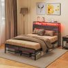 HOMCOM Full Size Bed Frame with Headboard, Platform Bed Frame with LED Lights, Charging Station, 3-Tier Storage Shelf, Steel Slats