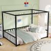 Full size sunshade floor bed, iron double-size bed frame, modern low-profile double-size bed, equipped with fence-style guardrails, black series