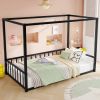 Twin size sunshade floor bed, iron double-size bed frame, modern low-profile double-size bed, equipped with fence-style guardrails, black series