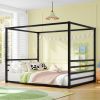 Queen size sunshade floor bed, iron double-size bed frame, modern low-profile double-size bed, equipped with fence-style guardrails, black series
