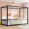 Twin size sunshade floor bed, iron double-size bed frame, modern low-profile double-size bed, equipped with fence-style guardrails, black series