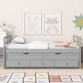 Twin Size Bed with Headboard,Footboard,Trundle and Three Storage Drawers,Twin Size Pine Wood Bed with Headboard,Footboard,Grey (Color: grey, Material: Pine)