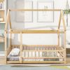 Full Size Floor Wooden Bed with House Roof Frame, Fence Guardrails