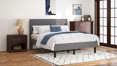 Queen Size Bed Frame with Storage Headboard, Metal Platform Bed No Noise, Mattress Foundation Strong Metal Slats Support No Box Spring Needed (Color: as Pic)