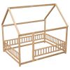 Full Size Floor Wooden Bed with House Roof Frame, Fence Guardrails